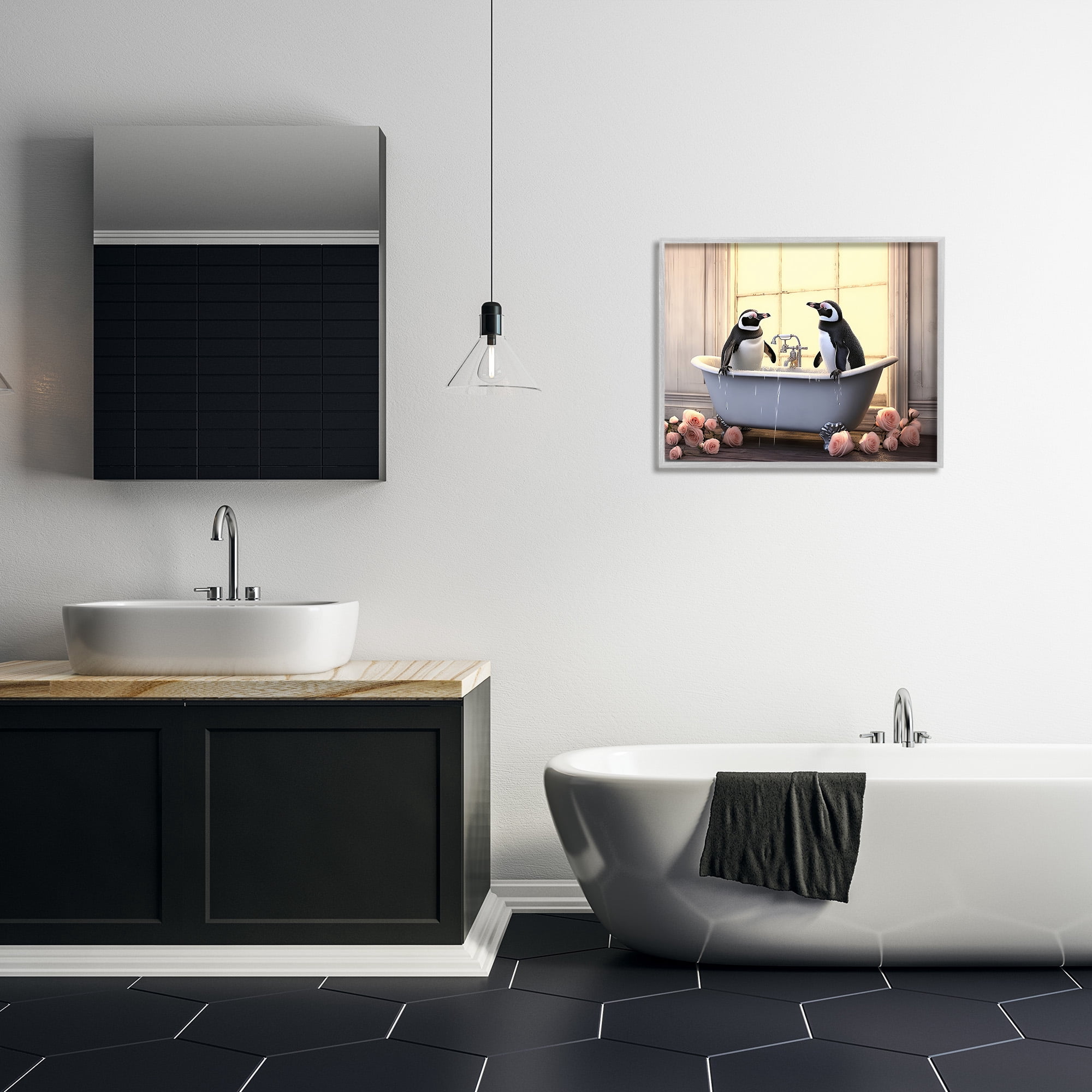 Stupell Industries Penguins Bathing in Tub Animals & Insects Painting Gray Framed Art Print Wall Art, 30 x 24
