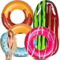 thumbnail image 1 of FiGoal Watermelon Inflatable Boogie Board with 3 PCS Donut Summer Ring Swimming Pool Ring Funny Pool Tube Toys for Summer Water Parties Outdoor Water Activities, 1 of 7