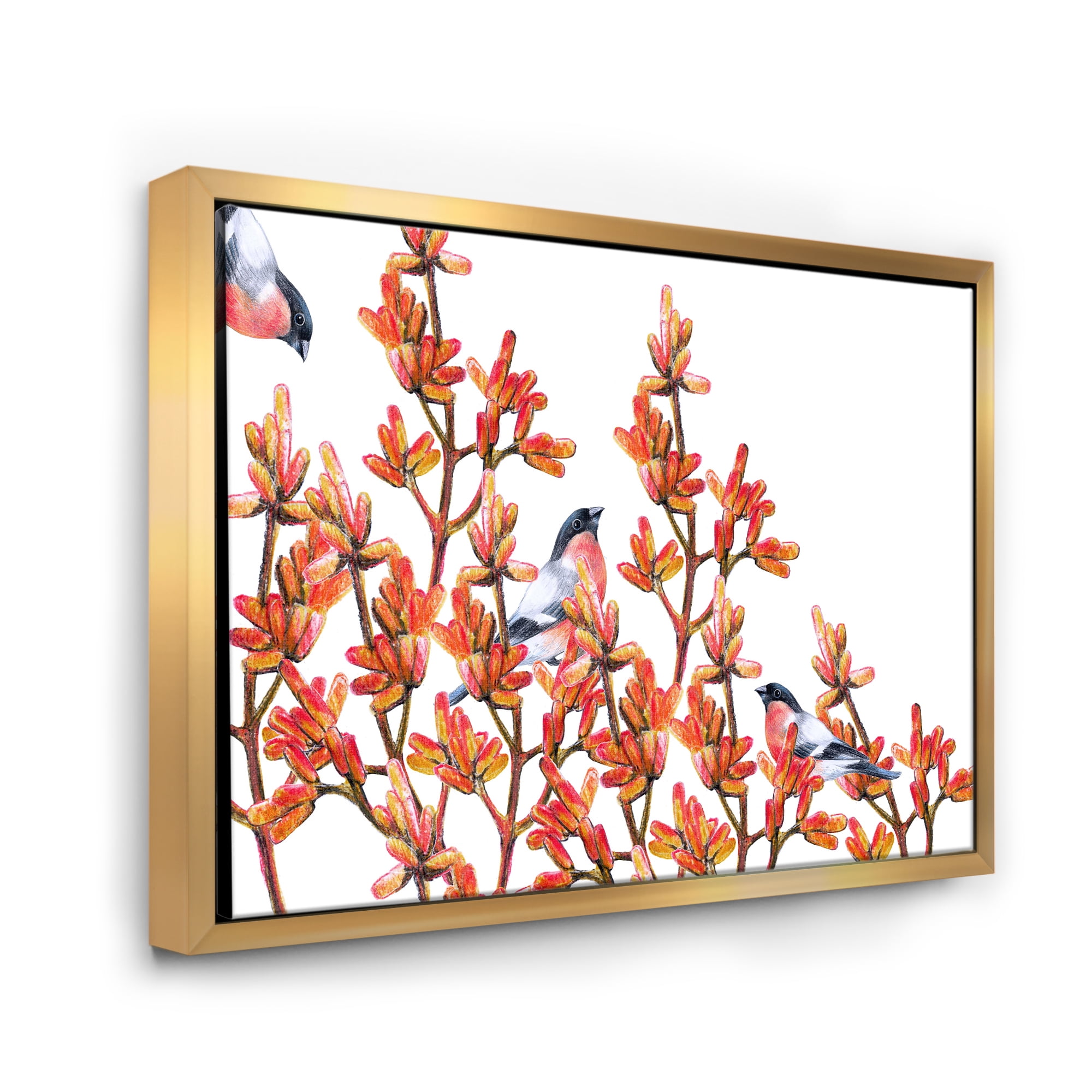 Designart 'Flock of Bullfinches Birds Sitting on Orange Branches' Traditional Framed Canvas Wall Art Print