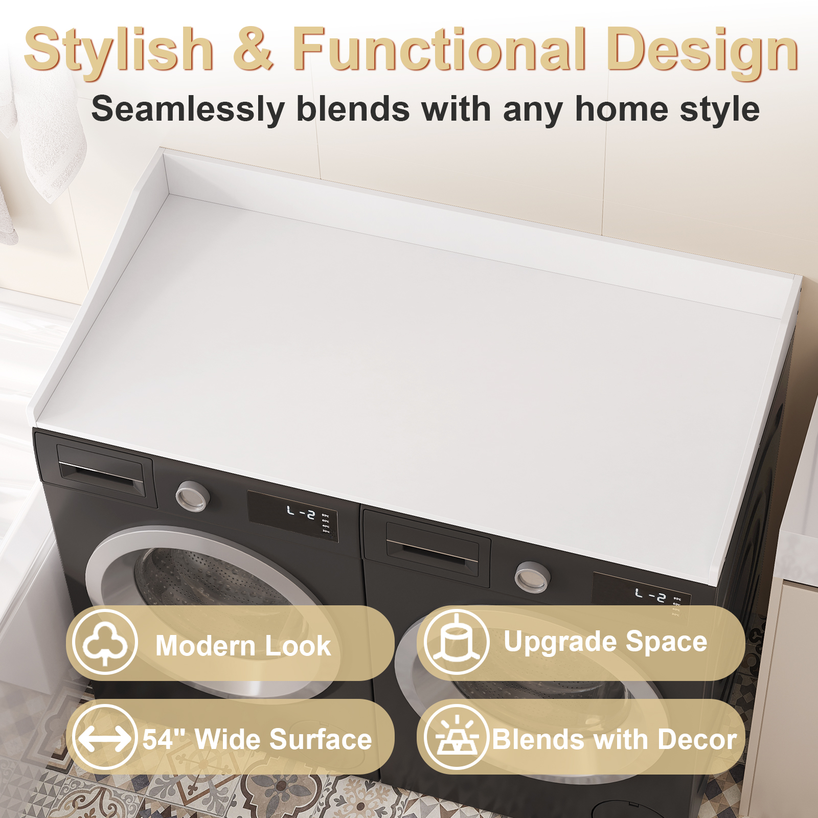 Tarnorci 54"Washer Dryer Countertop with Side Edge for Laundry Room Organization