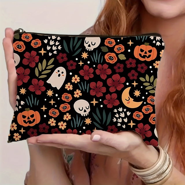 Halloween-Themed Makeup Bag with Zipper - Waterproof Polyester, Adult Travel Toiletry Organizer, Pumpkin Skull Design - Perfect Gift