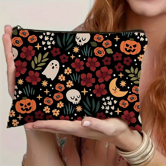Halloween-Themed Makeup Bag with Zipper - Waterproof Polyester, Adult Travel Toiletry Organizer, Pumpkin Skull Design - Perfect Gift