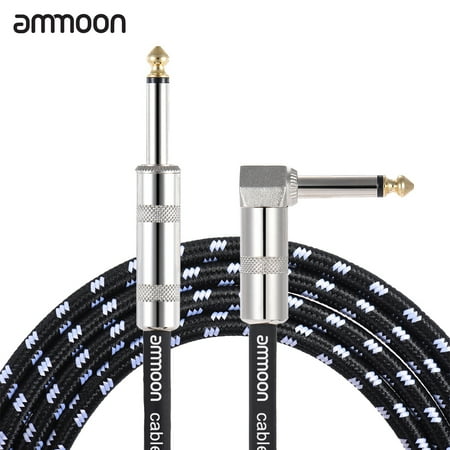 ammoon 6 Meters/ 20 Feet Electric Guitar Bass Musical Instrument Cable Cord 1/4 Inch Straight to Right Angle Plug Black White Woven