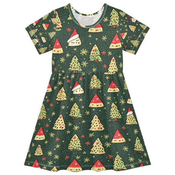 FORMRS Girls Short Sleeve Dress Summer Casual Round Neck A-line Beach Sundress, Sizes 2T-8T, Christmas Tree