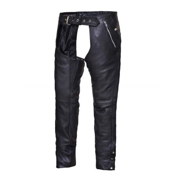 Unik 7145-K-BLK-L Premium Leather 4-Pocket Motorcycle Biker Chaps for Unisex, Black - Large
