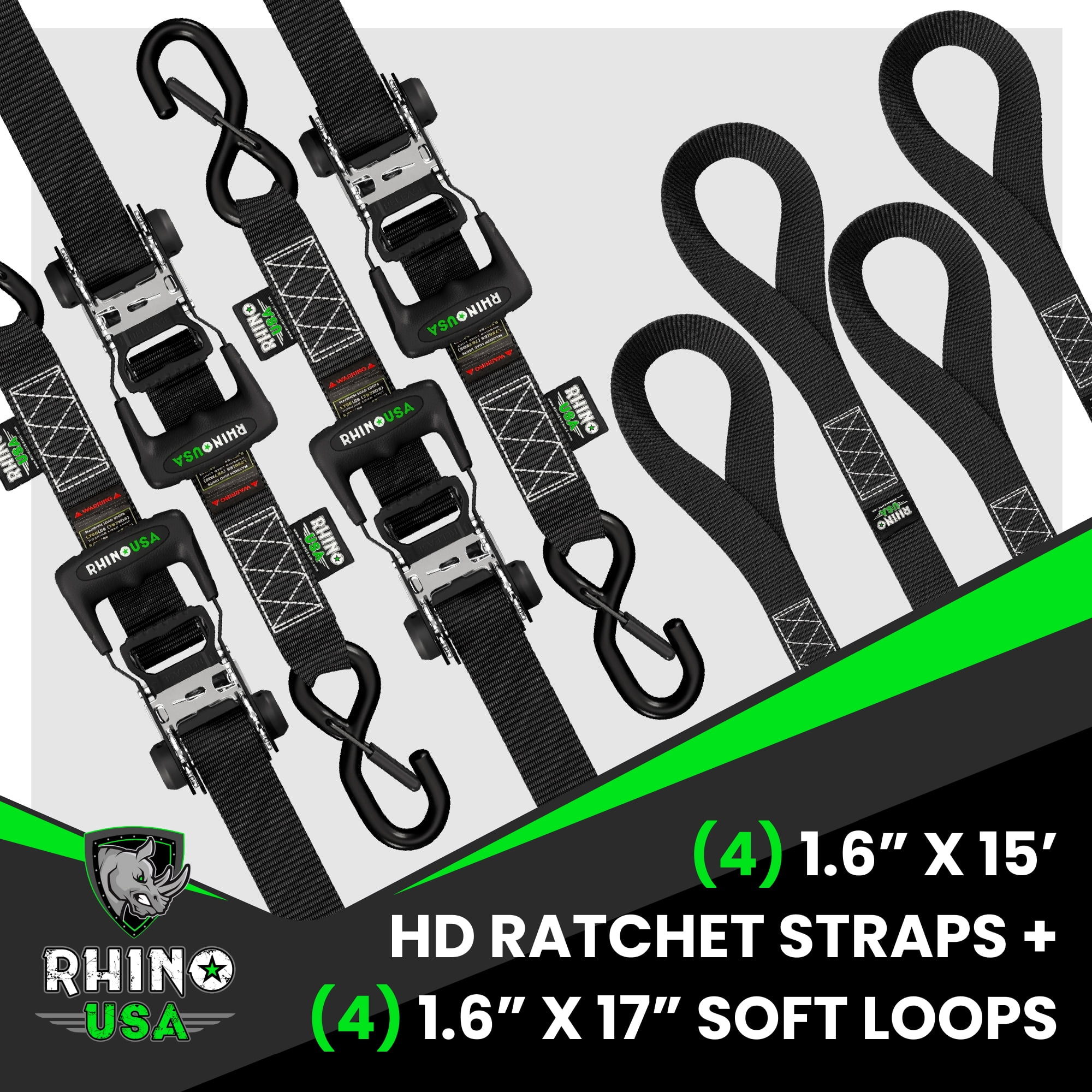 Rhino USA 1.6" x 15' Ratchet Strap Heavy Duty Kit w/ Safety S Hooks - 5,208lb Break Strength (Black 4pc)