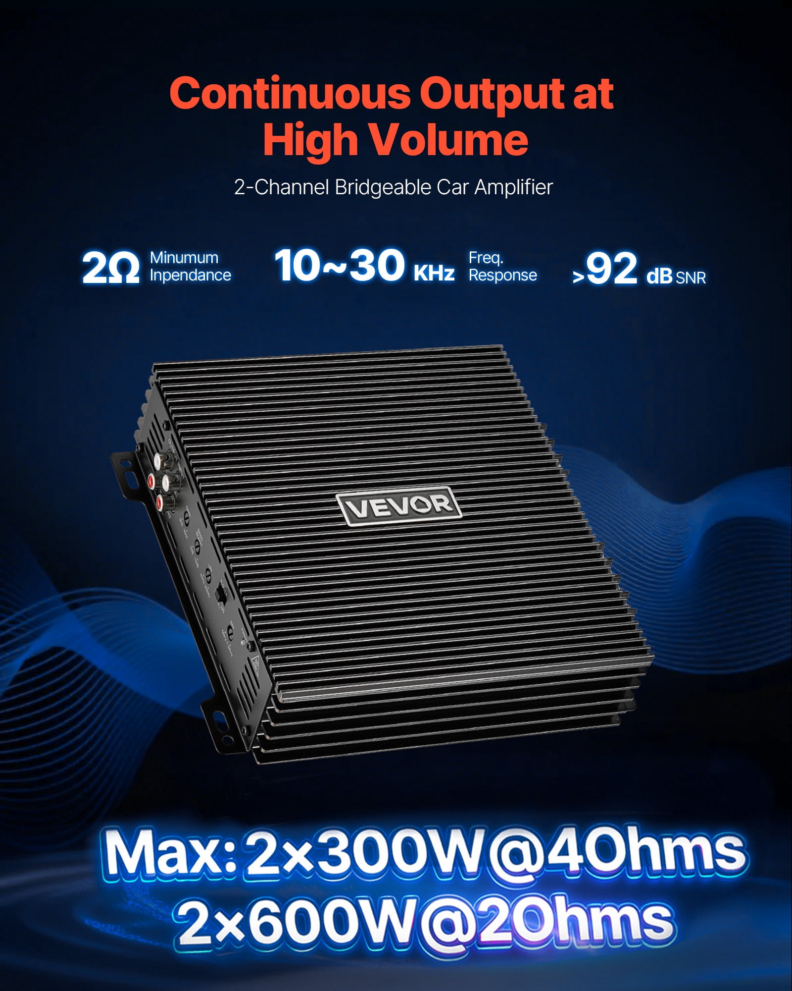 VEVOR 2 Channel Car Audio Amplifier 2 Ohm Stable Bridgeable Class A/B Full Range Stereo Amp Max Power 2 x 300W @ 4 Ohm / 2 x 600W @ 2 Ohm for Car SUV Truck Off-Road