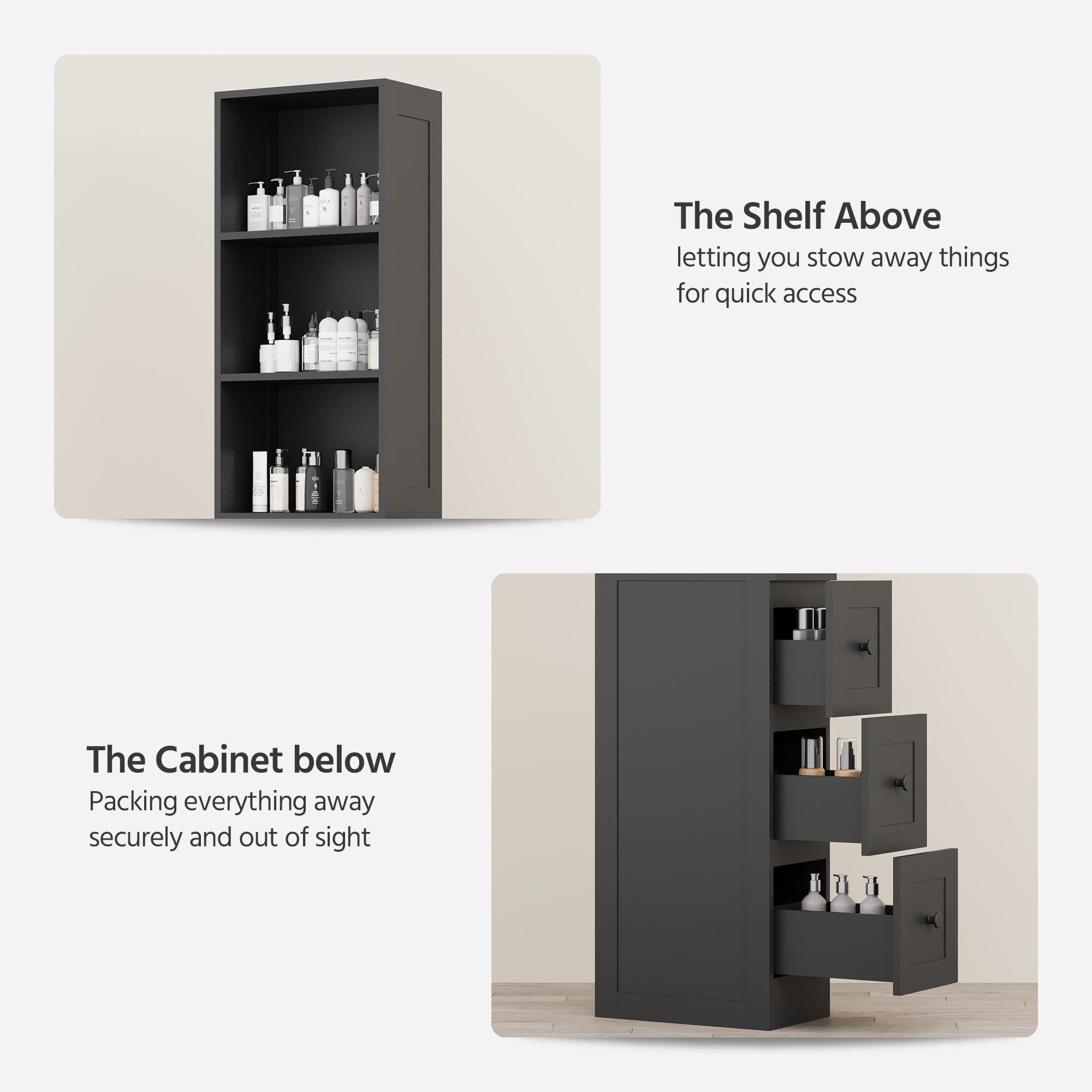 KAMEROUT Tall Slim Storage Cabinet with 2 Adjustable Shelves & 3-level Drawers for Bathroom, Kitchen, Black