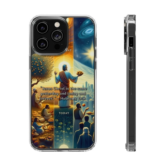 DistinctInk Hybrid (Acrylic / TPU) Clear Slim Fit Case for Apple iPhone 14 Pro MAX (6.7" Screen) - "The Unchanging Jesus: Hebrews 13:8 - Yesterday, Today, Forever"