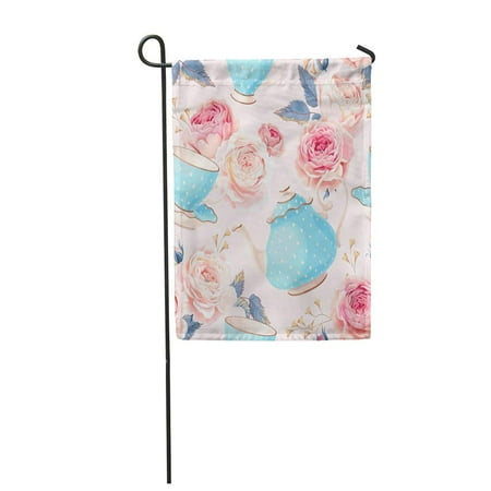 Rose Breakfast Cup - SIDONKU Blue Tea Teapots Cups and Flowers Pink Party Vintage Rose Afternoon Breakfast Garden Flag Decorative Flag House Banner 12x18 inch