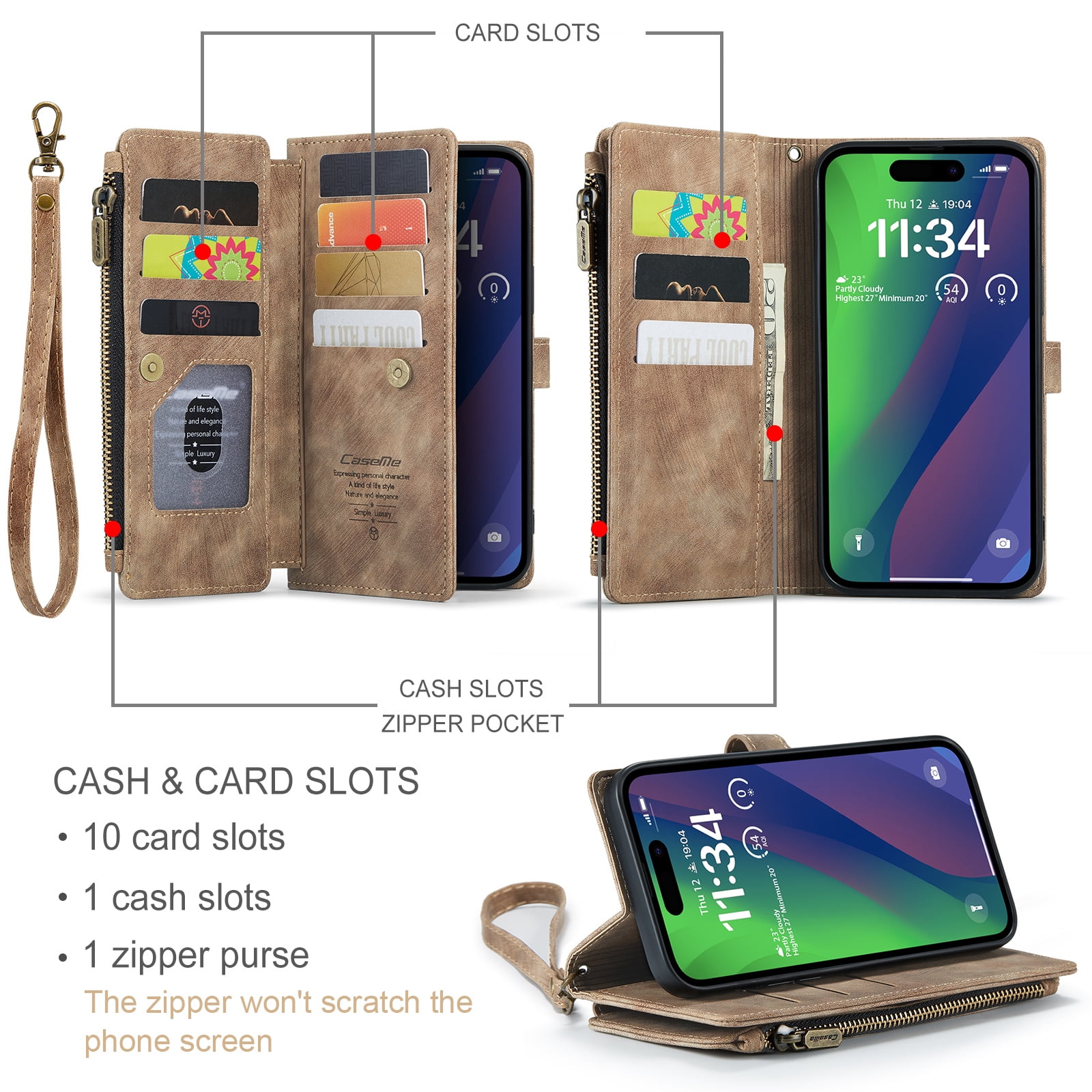 Dteck for iPhone 15 Plus Case with Card Holder, Premium iPhone 15 Plus Wallet Case for Women Men, Heavy Duty Durable PU Leather With Flip Zipper Pocket Phone Case w/ Wrist Strap Lanyard,Brown