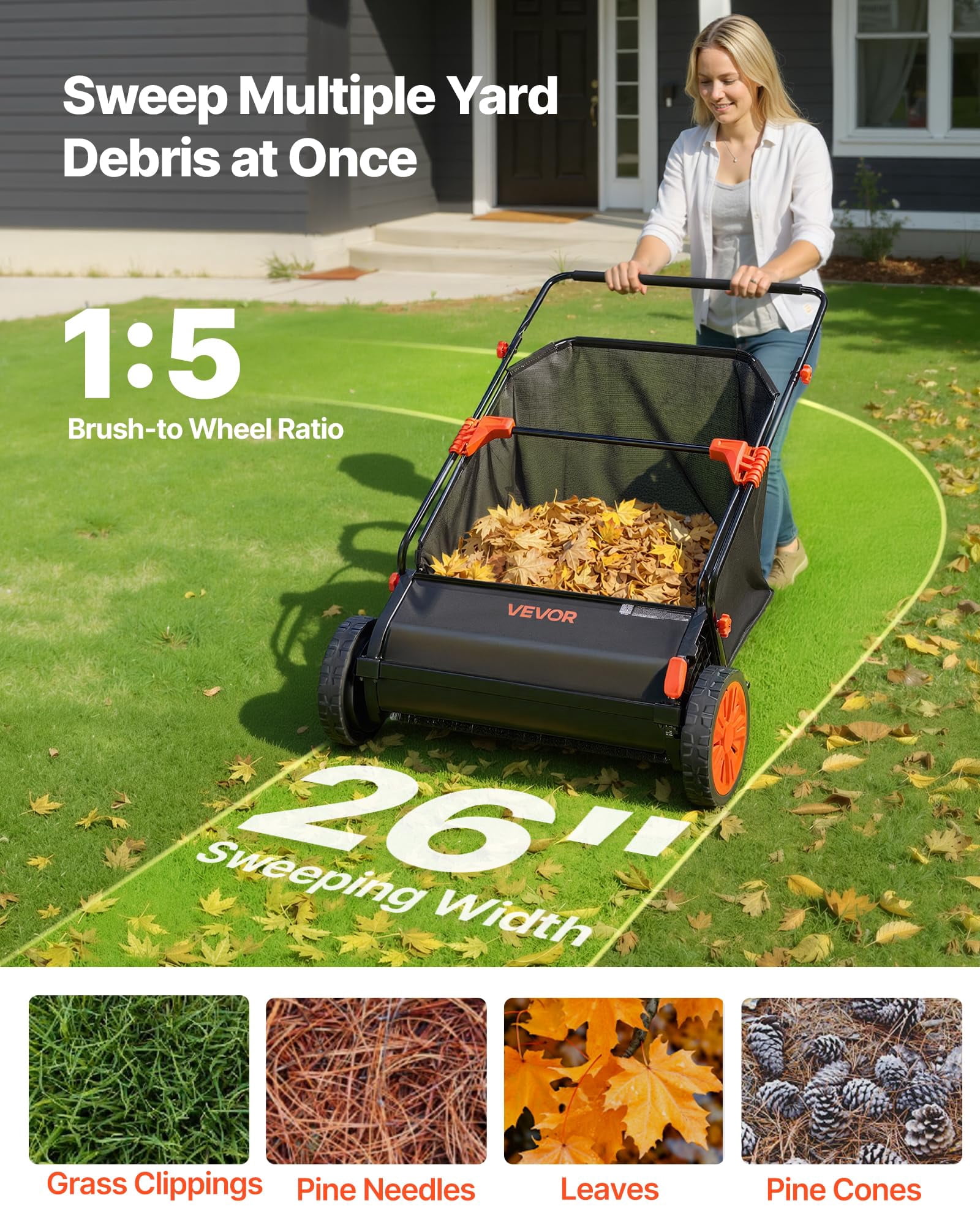 NOBOLEA 26" Push Lawn Sweeper, 7 Cu Ft Leaf & Grass Collector with Adjustable Brushes, Heavy Duty Yard Sweeper with Rubber Wheels for Outdoor Lawn Cleanup