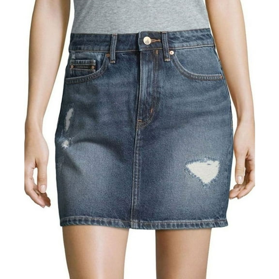Calvin Klein Womens Distressed A-line Skirt, Blue, 29
