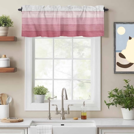Country Pink White Gradient Wood Grain Valances for Windows Kitchen Valance Rod Pocket Short Curtain Geometric Stripe Valance Curtain Window Valances for Bedroom Bathroom Living Room 54x18in