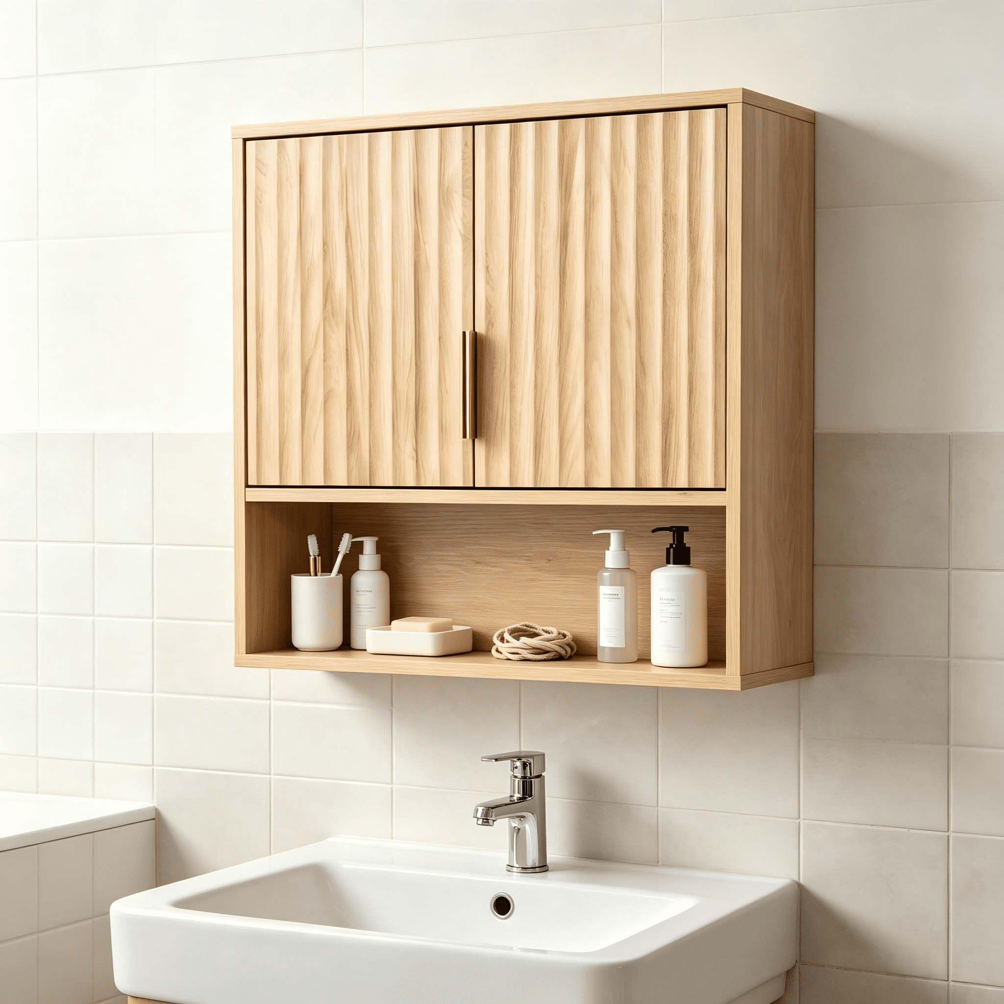 2-Door 3-Tier Slatted Bathroom Wall Cabinet, 24.49"*22.83"*8.07"
