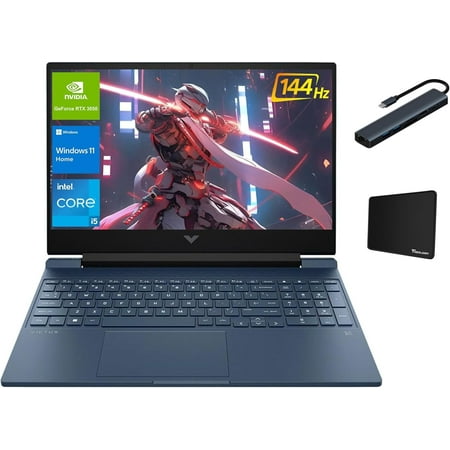 HP Victus 15.6" FHD 144Hz Gaming Laptop, Intel Core i5-12450H, 16GB RAM, 512GB SSD, NVIDIA GeForce RTX 3050, Backlit Keyboard, SD Card Reader, Windows 11 Home, Blue with Tigology Accessories