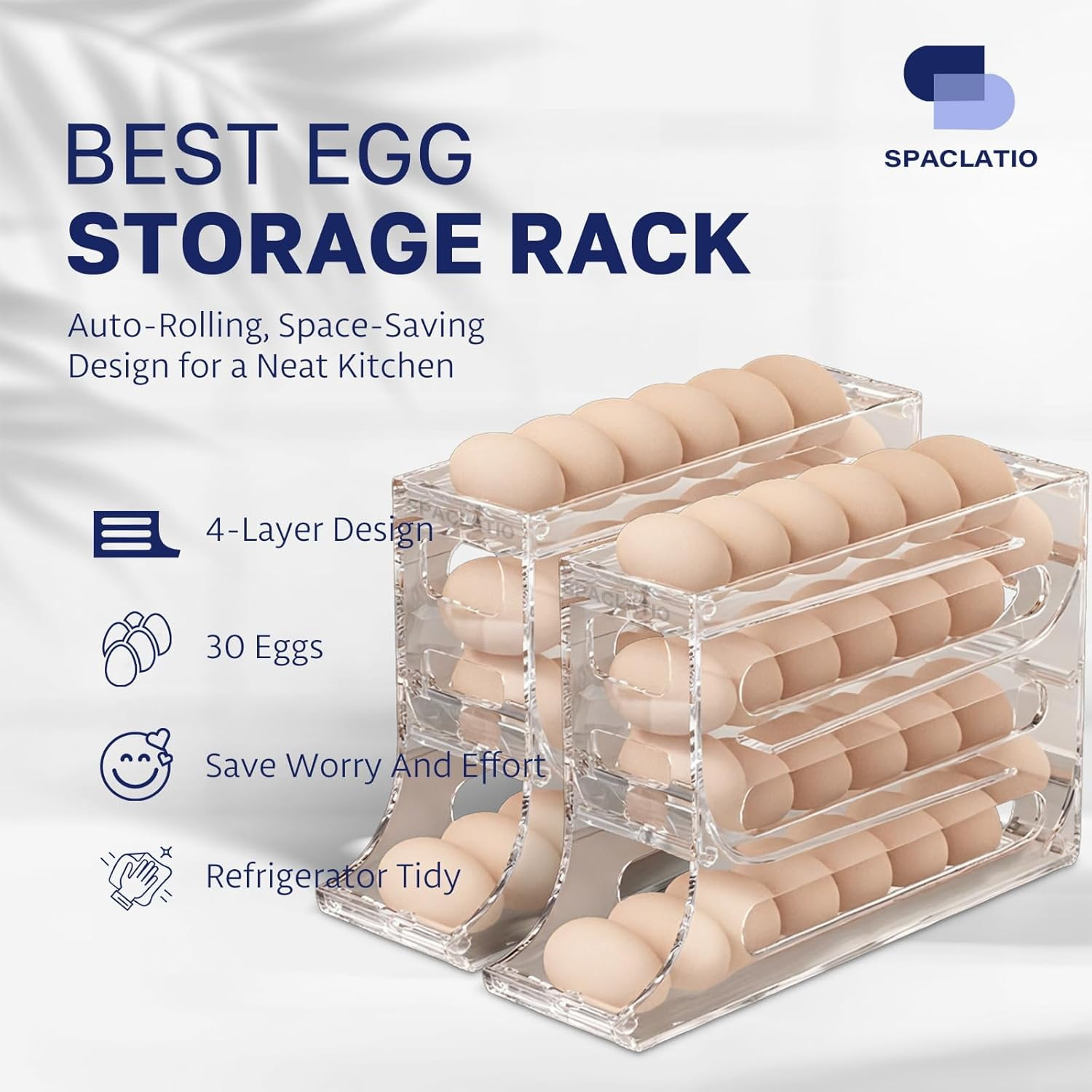 CAILDANL 4 Tiers Egg Holder for Fridge with 30 Egg Capacity - 2 Pack Auto Rolling Egg Storage Organizer for Refrigerator, Space Saving Egg Tray in Kitchen (Clear)