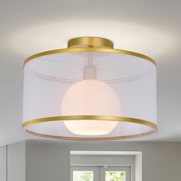 Gold Flush Mount Ceiling Light with Fabric Shade, Modern Drum Ceiling Fixture for Bedroom or Hallway