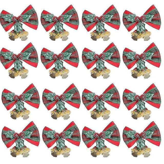 Paquete de 16 lazos de Navidad con campanas, Mini lazo de Navidad, manualidad para regalo, adorno, decoración colgante para árbol de Navidad