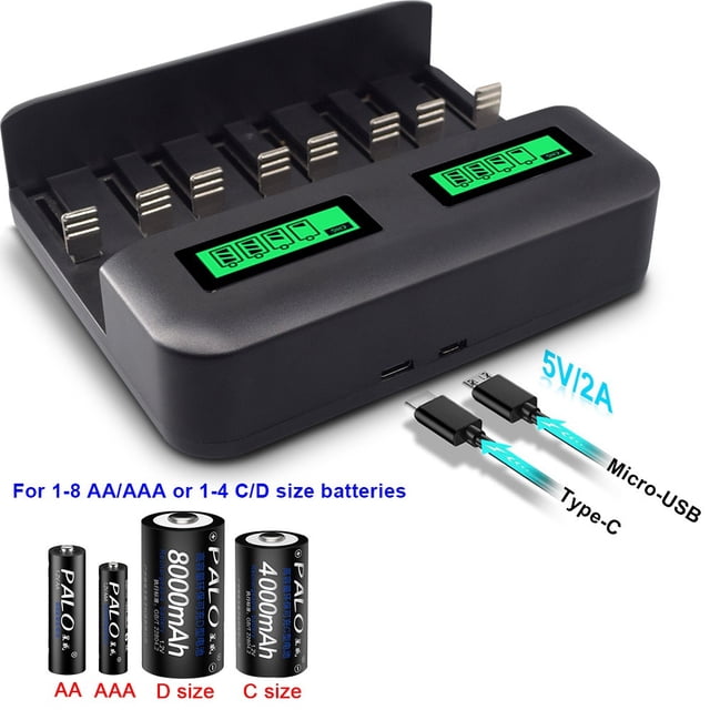 Cargador de batería recargable - Cargador de batería de 8 bahías AA AAA C D para baterías recargables con puerto USB 2A, entrada tipo C, cargador de batería rápido