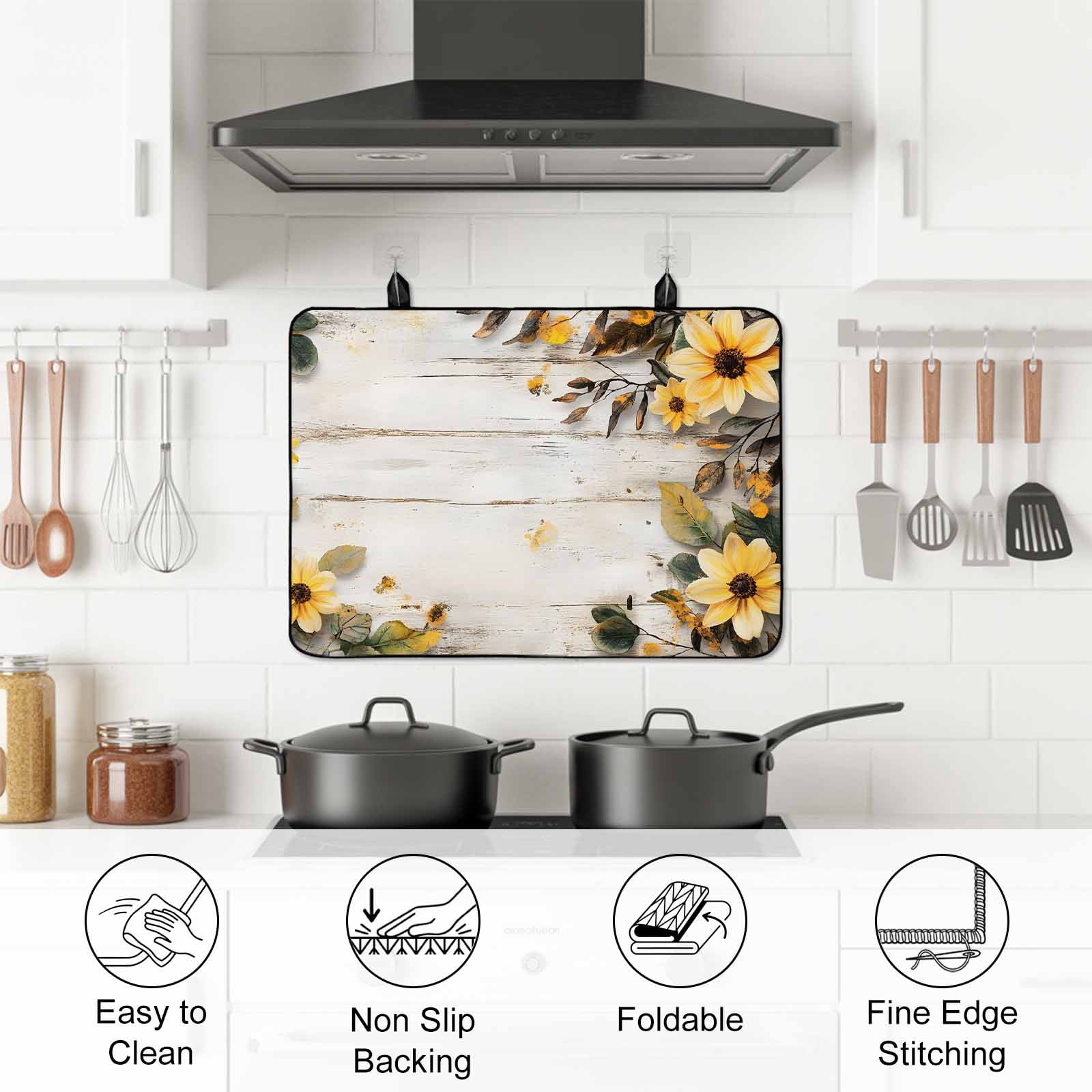 Yellow Floral Spring Stove Top Cover for Electric Stove, Heat-proof & Non Slip Glass Top Stove Cover Protector, Vintage Summer Botanical Kitchen Flat Cooktop Rubber Mat 24x21 Inches