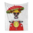 thumbnail image 1 of Animal Soft Flannel Fleece Throw Blanket, Dog with a Hat and Sunglasses Driving Motorcycle Under an Umbrella Funny Holiday Image, Cozy Plush for Indoor and Outdoor Use, 50" x 70", Red, by Ambesonne, 1 of 6