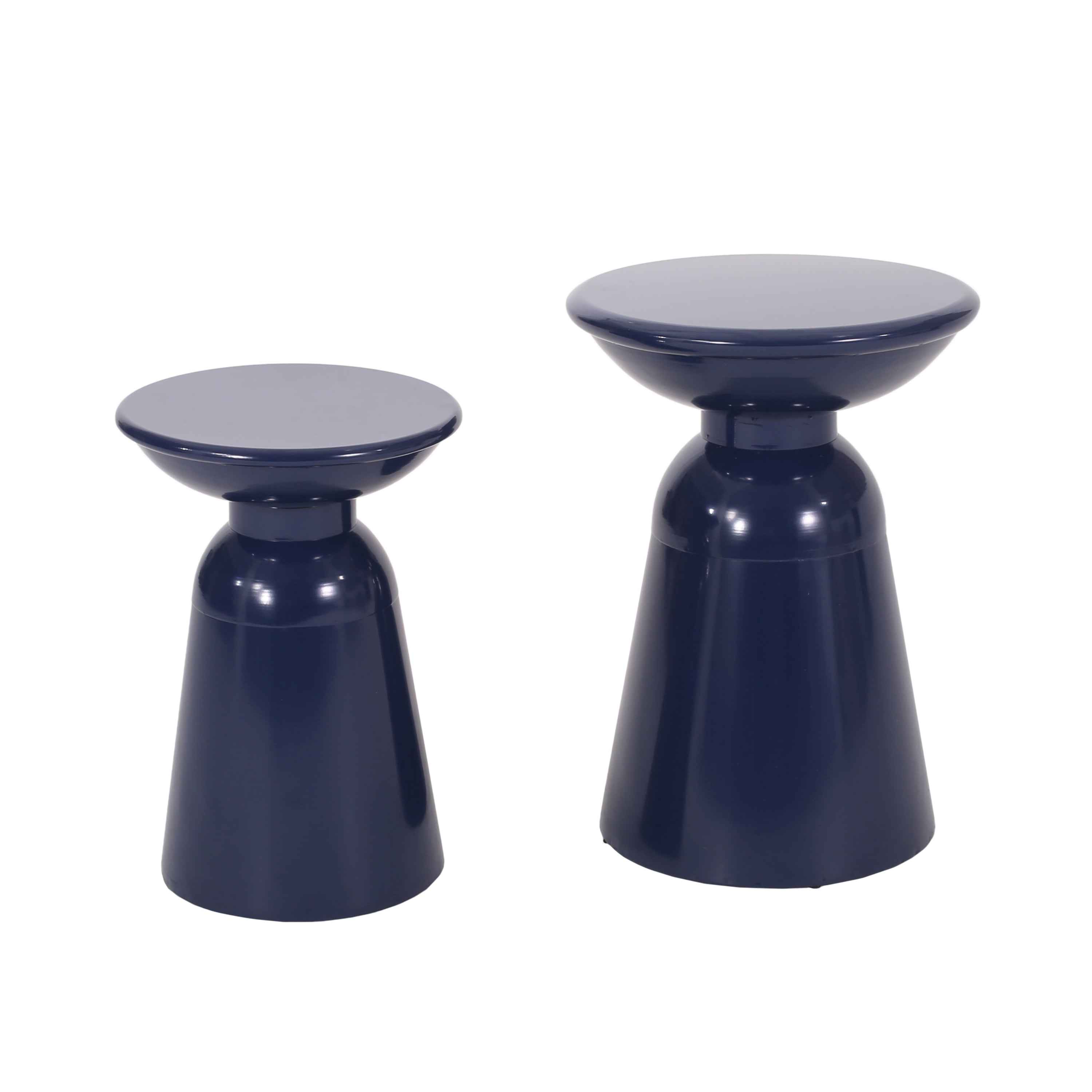 Outdoor Side Table Set of 2, Iron Frame Flared Style Accent Tables for Patio Garden, Navy Blue