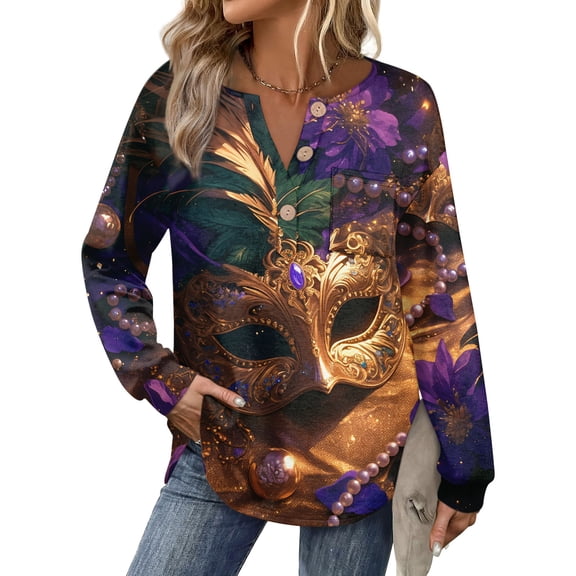 Mardi Gras Shirts for Women Feathers Print Mask Print V Neck Graphic Tee Carnival Long Sleeve Green Blouse Bronze 2XL