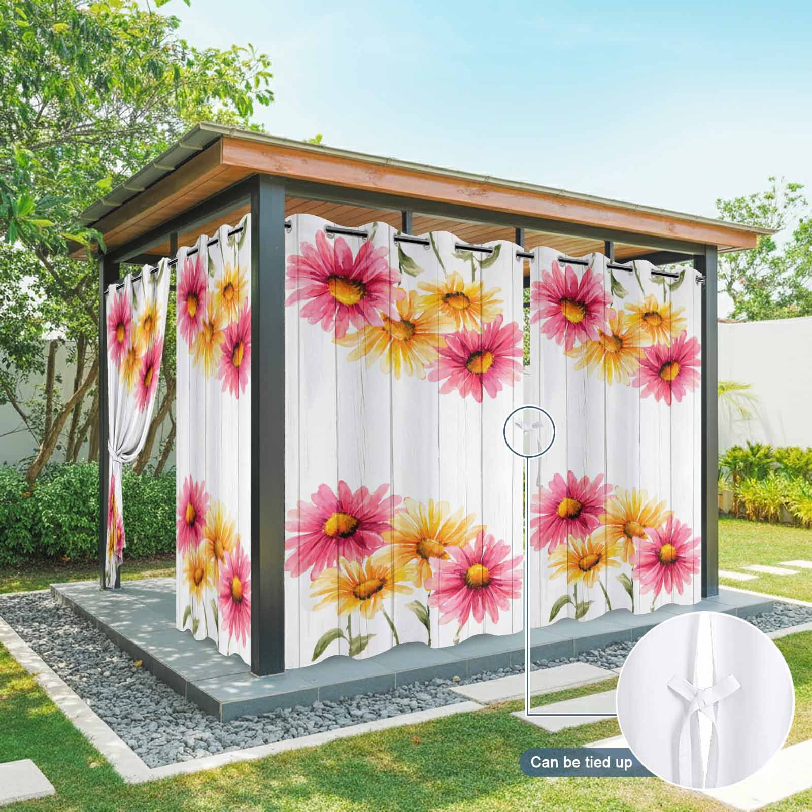 Yellow Pink Daisy Outdoor Curtains for Patio, Rustic Farmhouse Wooden Slats Sunshade Privacy Drapes Grommet Waterproof Outside Curtains for Porch/Cabana/Balcony 54"x 108", 1 Panel
