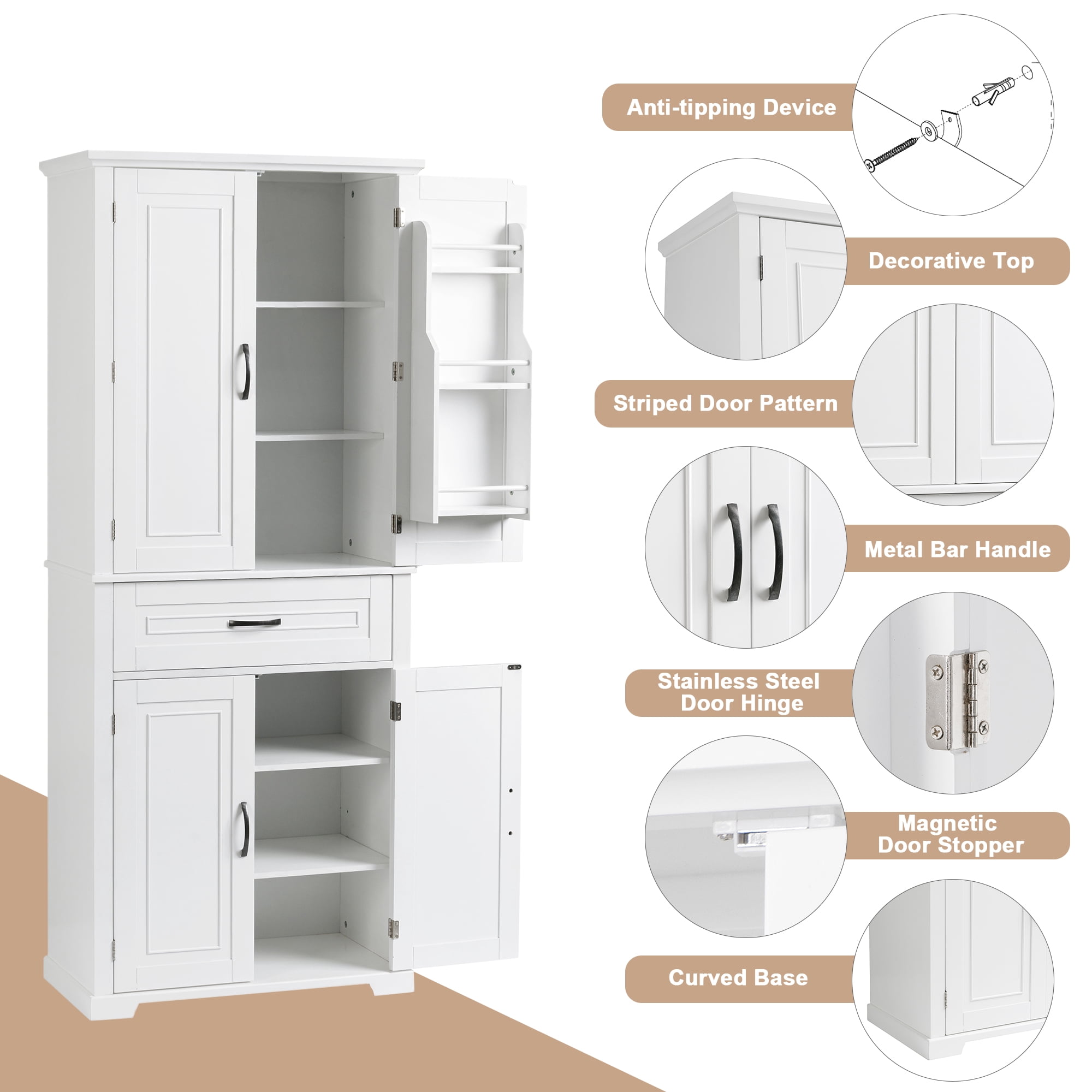 MAYEERTY Bathroom Cabinet Doors Drawer Multiple Storage Adjustable Shelf White