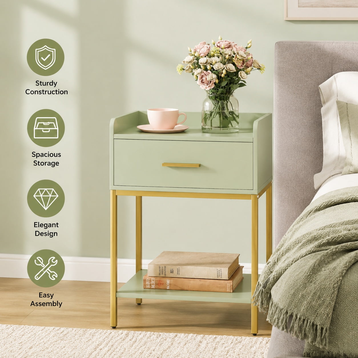 Modern Nightstand with Storage Drawer and Open Shelf Small Green Bedside Table for Bedroom and Living Room