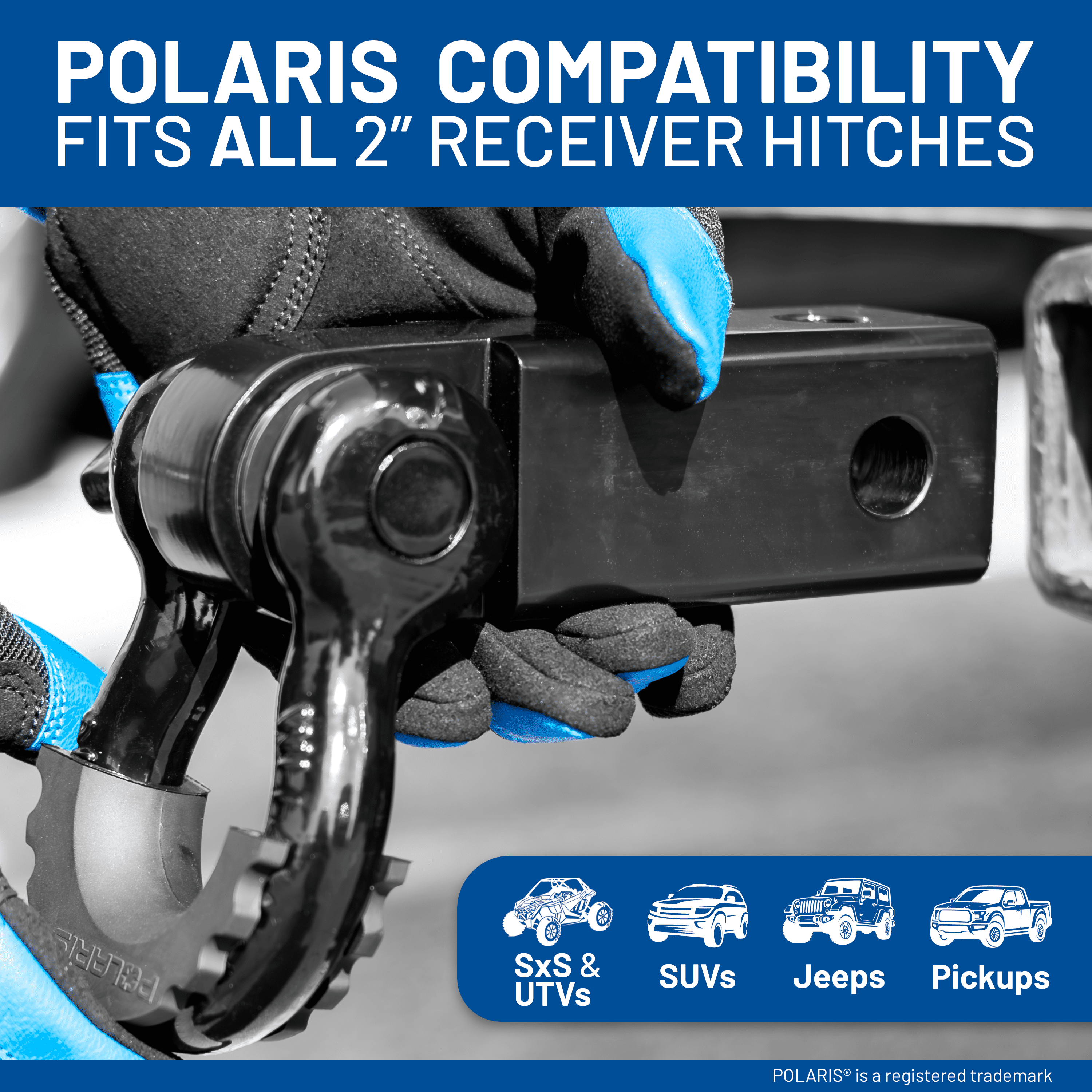 POLARIS Receiver Hitch, D-Ring Shackle, 7,750 lbs Load Capacity, 26,000 lbs Break Strength with Secure Screw Pin, Mounts to 2" Receiver Hitches, Towing Accessories for Trucks, Jeep, SxS, UTVs & More