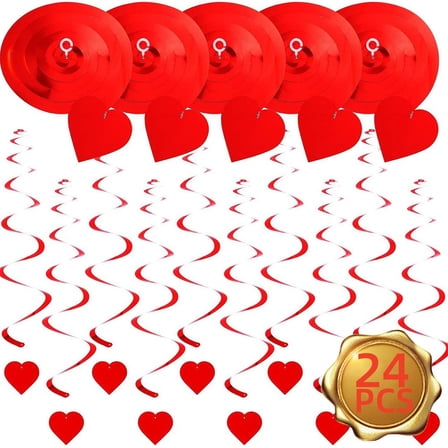 Red Heart Hanging Swirl Decorations, Foil Streamers for Valentine's Day, Wedding, and Anniversary Party Decor, 24 Pcs