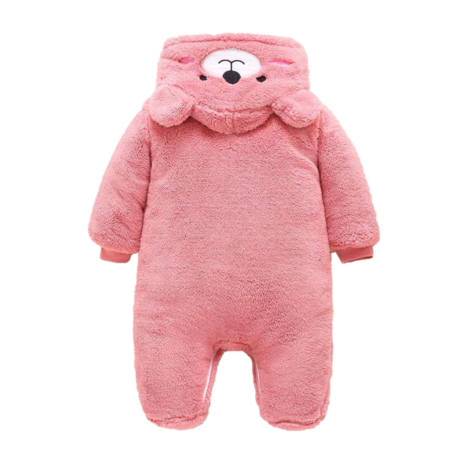 Jinhomg Cute Bear Onesie for Baby Soft Cozy Fleece Footie Hooded Romper Fall Winter Thermal Long Sleeve Full Zip Jumpsuit Trendy Bodysuit Spring Saving Pink 12 Months
