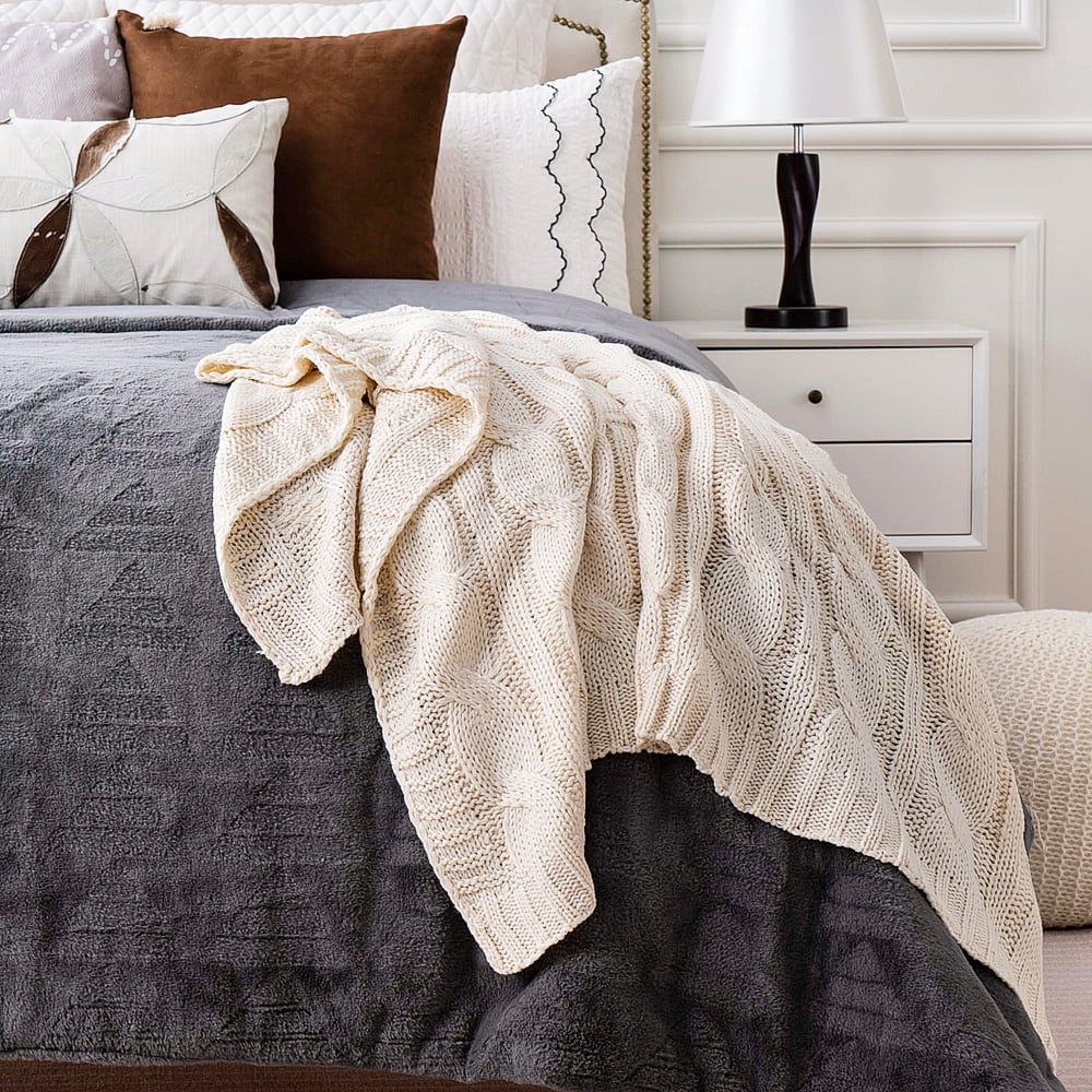 Cream Cable Knit Blankets, White Herringbone Decorative Knitted Throw,Housewarming Gifts,50"x60"