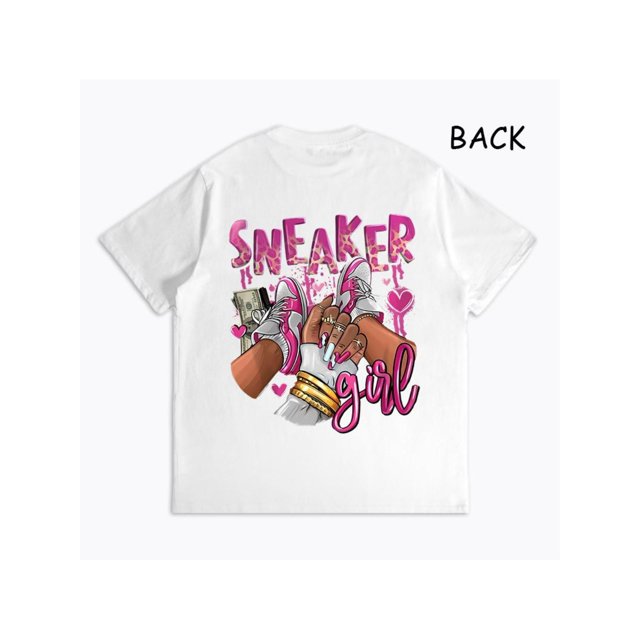 Pink Sneaker Girl Graphic Tees Women's Casual Crew Neck Cotton Dropped Shoulder Short Sleeve T-shirt The pattern on the back Summer Loose and Comfortable Streetwear Tops Country Concert outfits Shirt