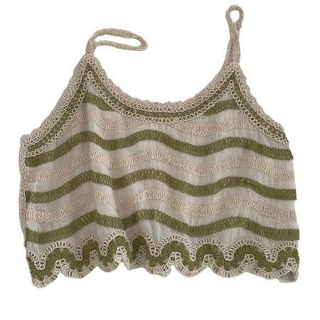 

Women Cotton Linen Beach Knit Camisole Embroidery Heart Spaghetti Strap Crop Top