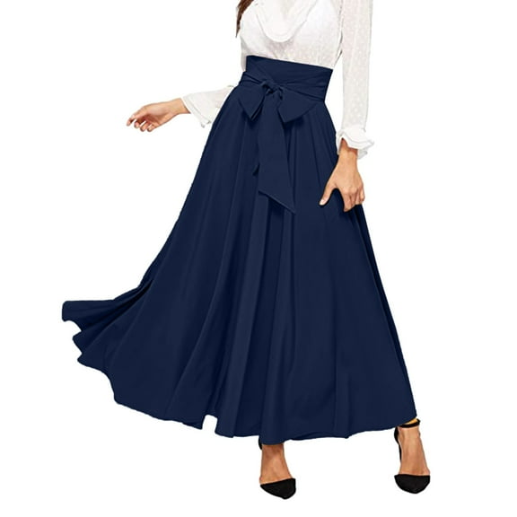 HJYCHN Women's Elegant High-Waist Maxi Skirt with Front Tie Detail and Flowing Pleated Design for Sophisticated Style Navy S