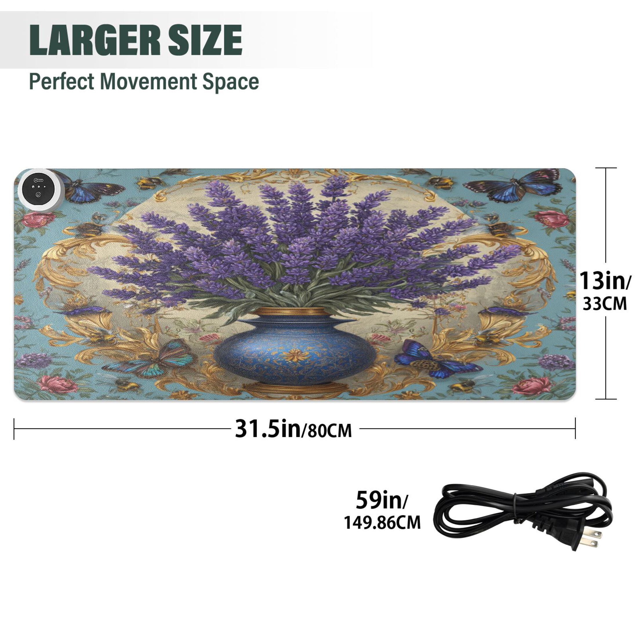 Large Heated Desk Mat Mouse Pad 31.5"x13"PU Leather Graphene Heating Desk Warmer with 3 Temperature Settings 110V US Plug Non-Slip Warm Pad for Home, Office, and Gaming Vibrant Lavender in A Vase