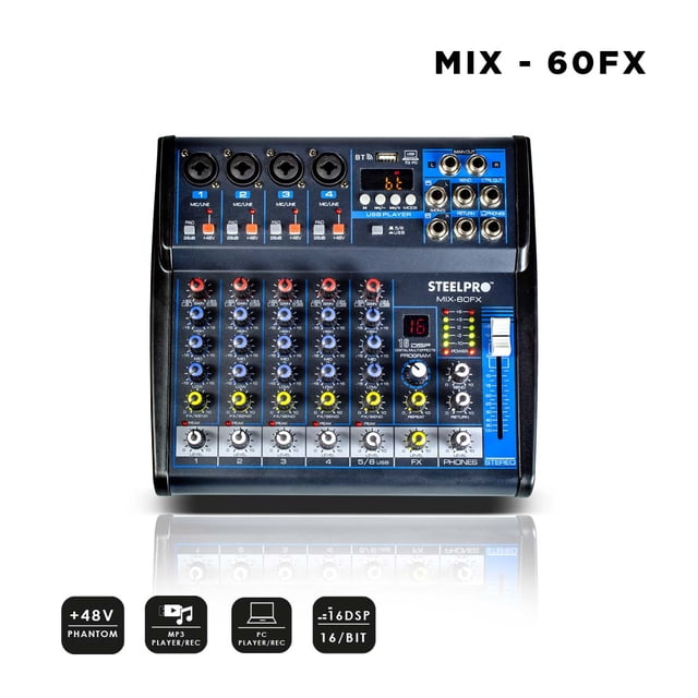 Mezcladora Audio 6 Canales Steelpro Mix-60 99 Efectos Bluetooth