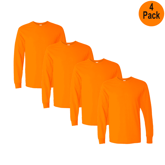Gildan Men’s Heavy Cotton Hi Vis Long Sleeve T-Shirt, Crew Neck Work Tee, Safety Orange, 4 Pack, S
