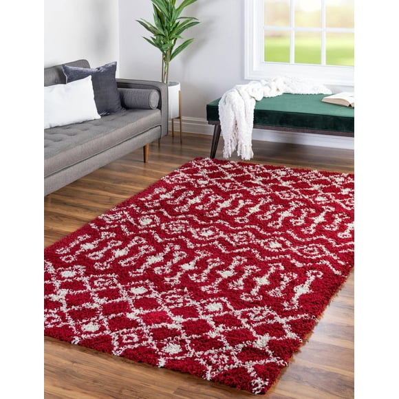 Rugs.com Moroccan Trellis Shag Collection Rug – 6' x 9' Burgundy Red Shag Rug Perfect for Living Rooms, Large Dining Rooms, Open Floorplans