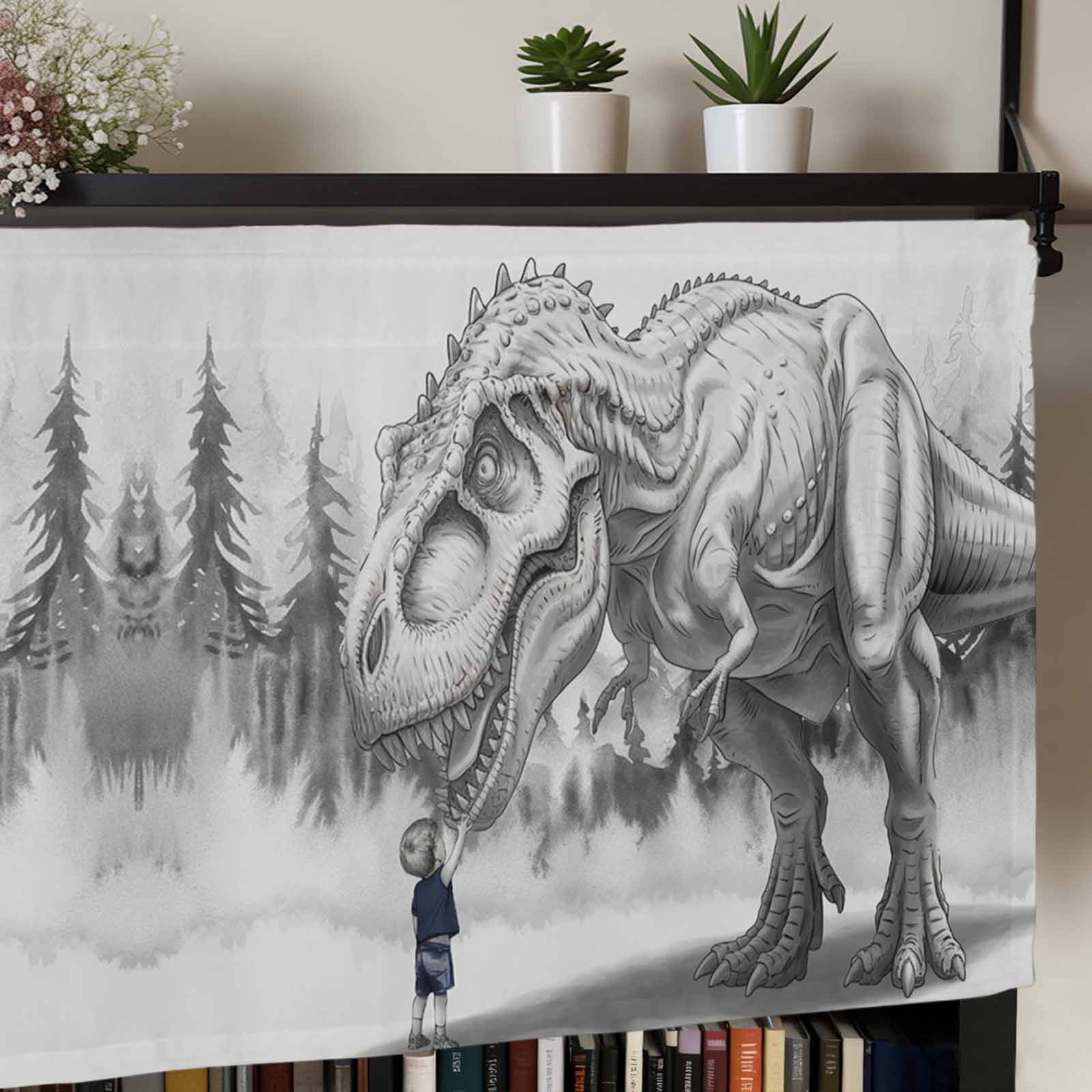 Dinosaurs Boy Kitchen Valances for Windows, Gray Funny Cartoon Forest Animals Bathroom Window Valances 60x18 Inch Rod Pocket Window Treatments Valance Curtains for Living Room Bedroom Decor