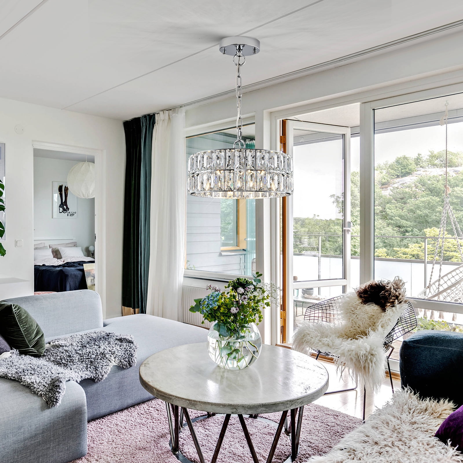 Chrome Crystal Chandeliers, Modern Semi Flush Mount Ceiling Light, Small 4-Ligh Round Crystal Hanging Pendant Light Fixtures,D12” for Dining Room Entryway Kitchen Hallway