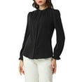 thumbnail image 6 of INSPIRE CHIC Women's Ruffled Trim Button Down Stand Collar Long Sleeve Blouse Top XS Black, 6 of 9