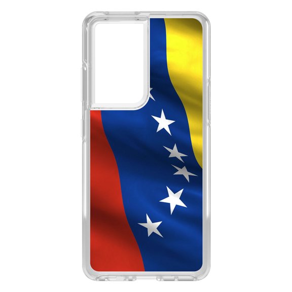 DistinctInk Clear Shockproof Hybrid Case for Galaxy S21 ULTRA 5G (6.8" Screen) - TPU Bumper, Acrylic Back, Tempered Glass Screen Protector - Venezuela Waving Flag Red Blue Yellow - Venezuela