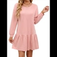 thumbnail image 2 of Vestido Tipo Sudadera de Larga para Mujer, de Otoño, con Cuello Redondo, de Punto Acanalado y Patchwork, Minivestidos Informales. Rosa M, 2 of 10