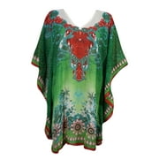 Mogul Womens Short Kaftan Green Printed V Neckline Georgette Beach Cover up Swimwear Evening Wear Kimono Caftan Dresses XL