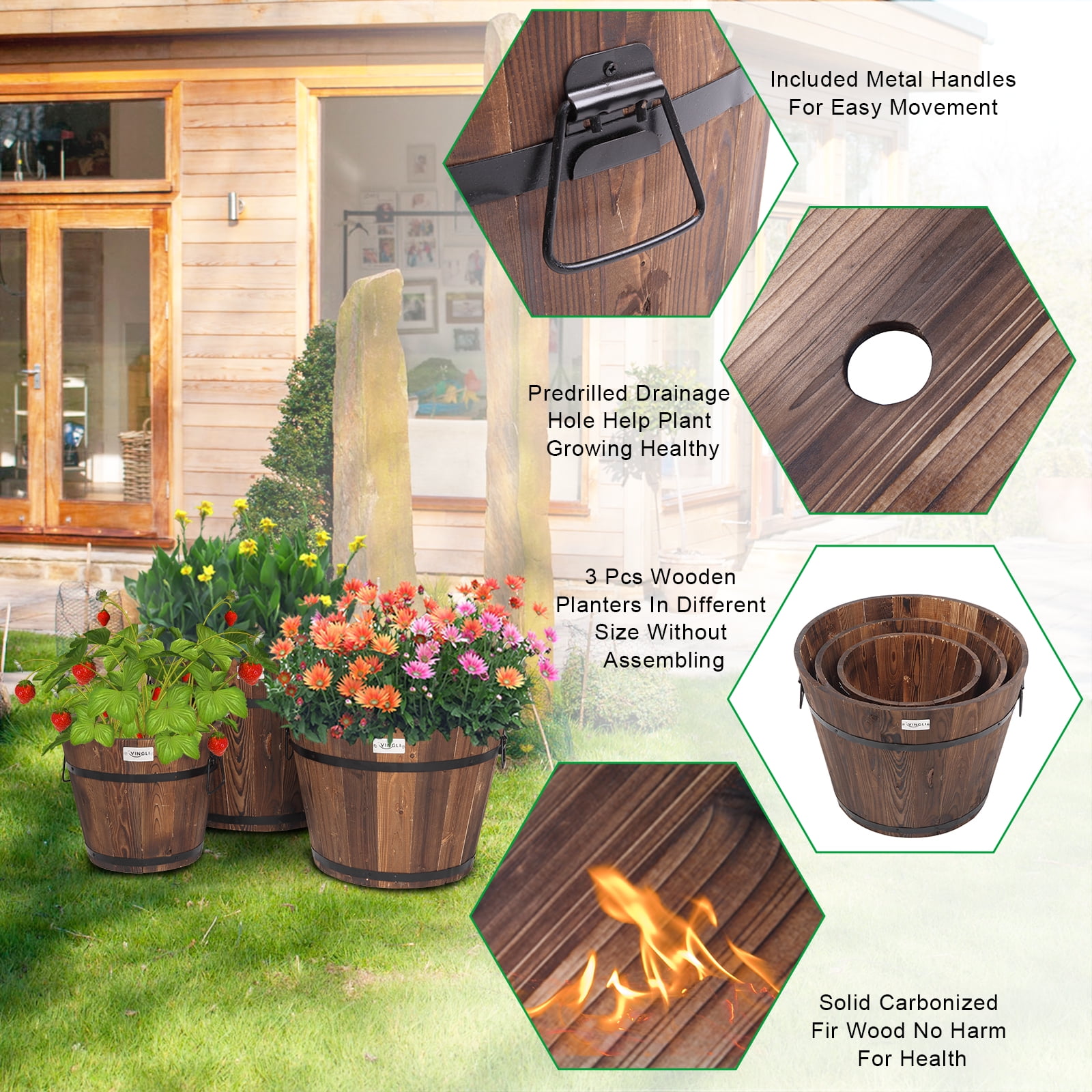 VINGLI Wooden Planter Barrel Set Brown Wood Rustic Flower Pots