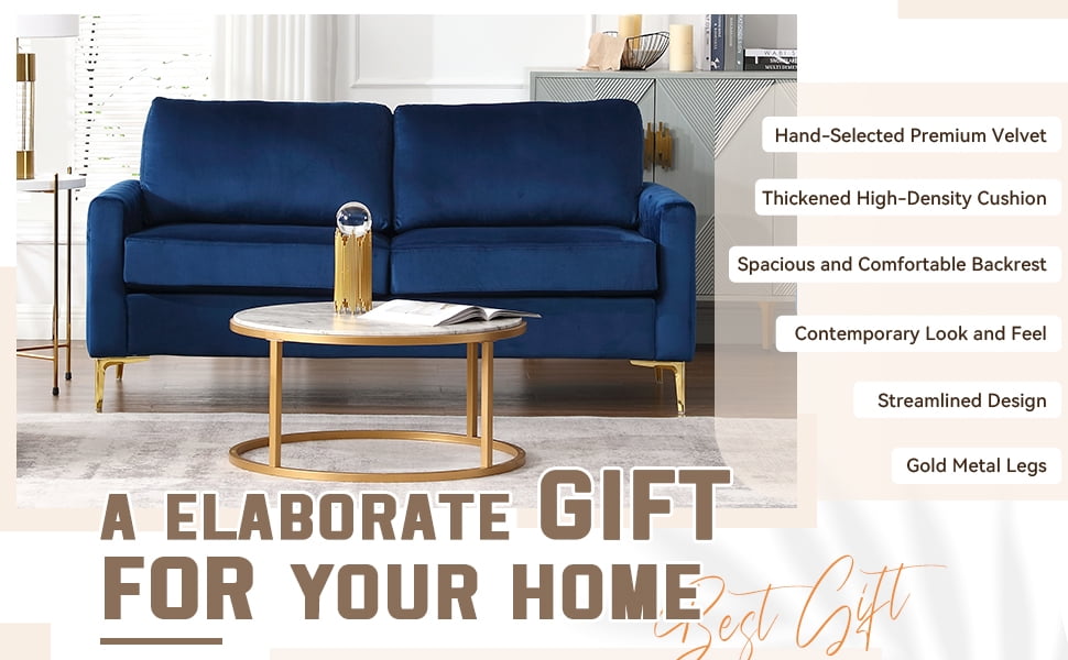 Lunale 65" Loveseat Sofa, Deep Seat Cloud Couch, Modern Velvet Living Room Sofa, Navy Blue